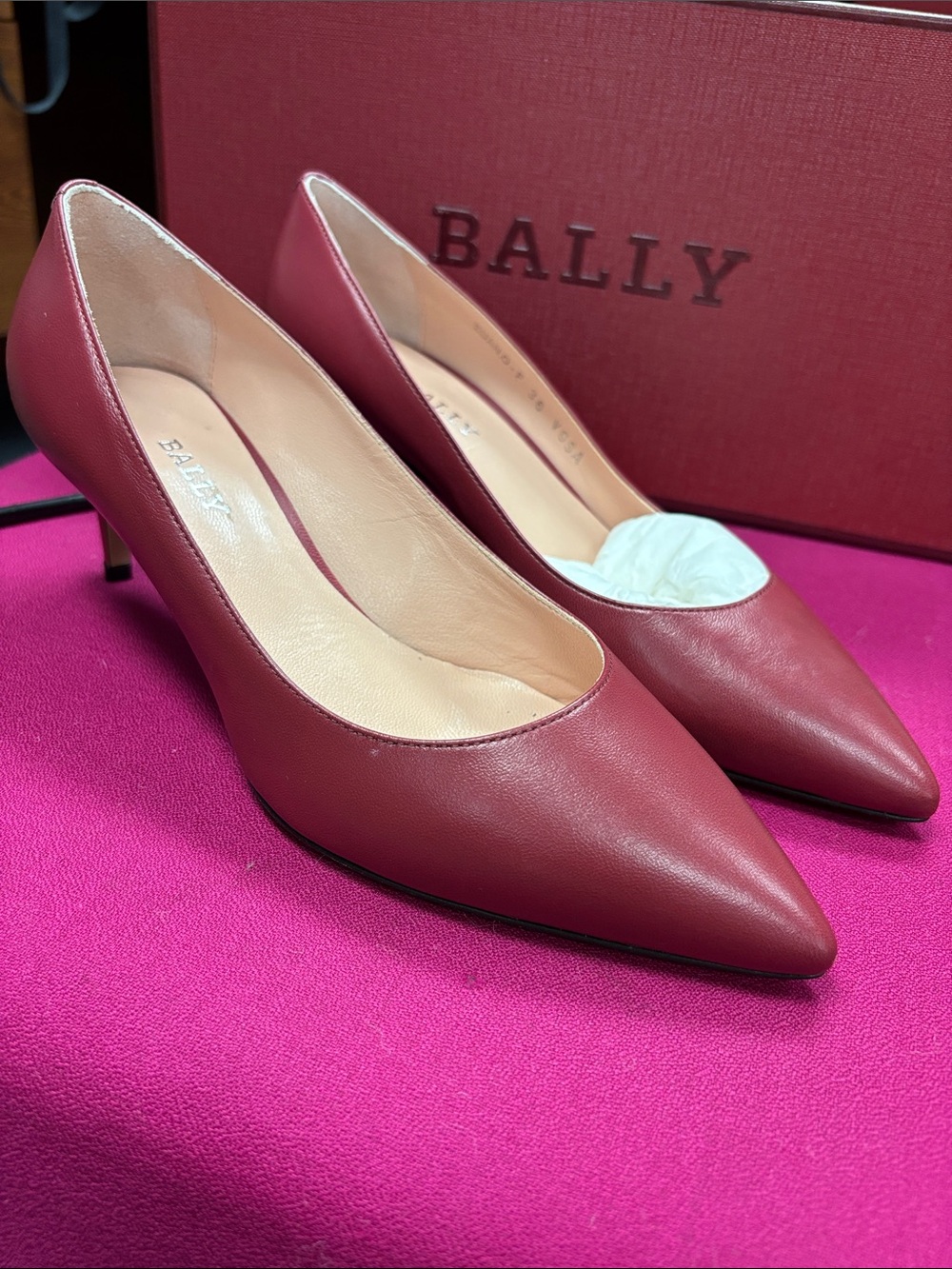 Bally Women's Burgundy Leather Pointed-Toe Mid Heels